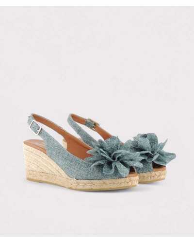 Alpargatas turquesa con cuña y detalle floral – Viguera