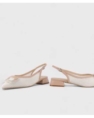 Zapato tacon bajo dibia rejilla blanca y piel nude