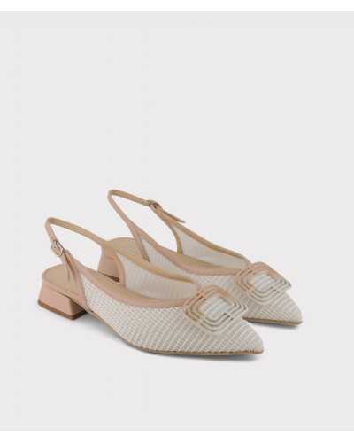 Zapato tacon bajo dibia rejilla blanca y piel nude