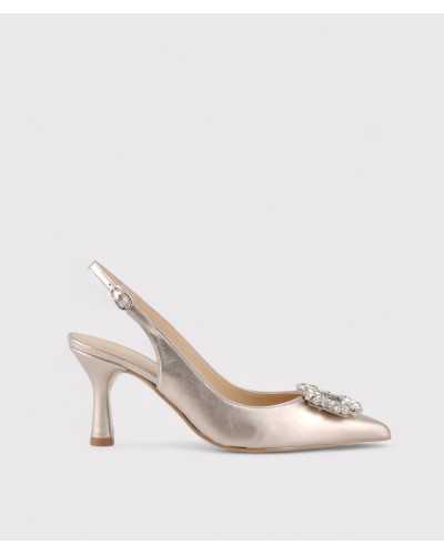 zapato destalonado dibia con tacón cómodo en oro rosa con adorno de pedreria