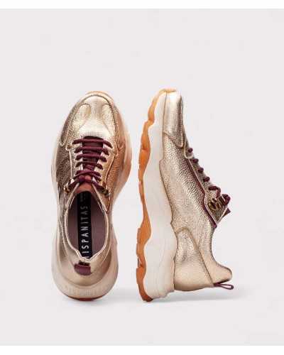 Deportivos Oro Hispanitas vista superior y lateral con cordones burdeos