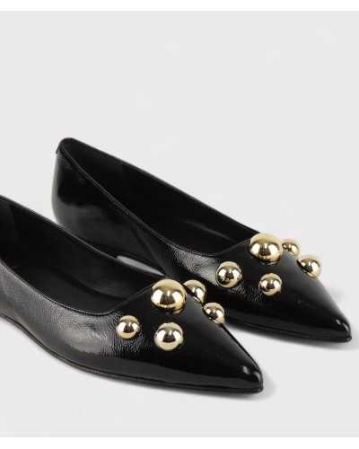 JONI bailarinas punta fina detalle dorado en charol negro
