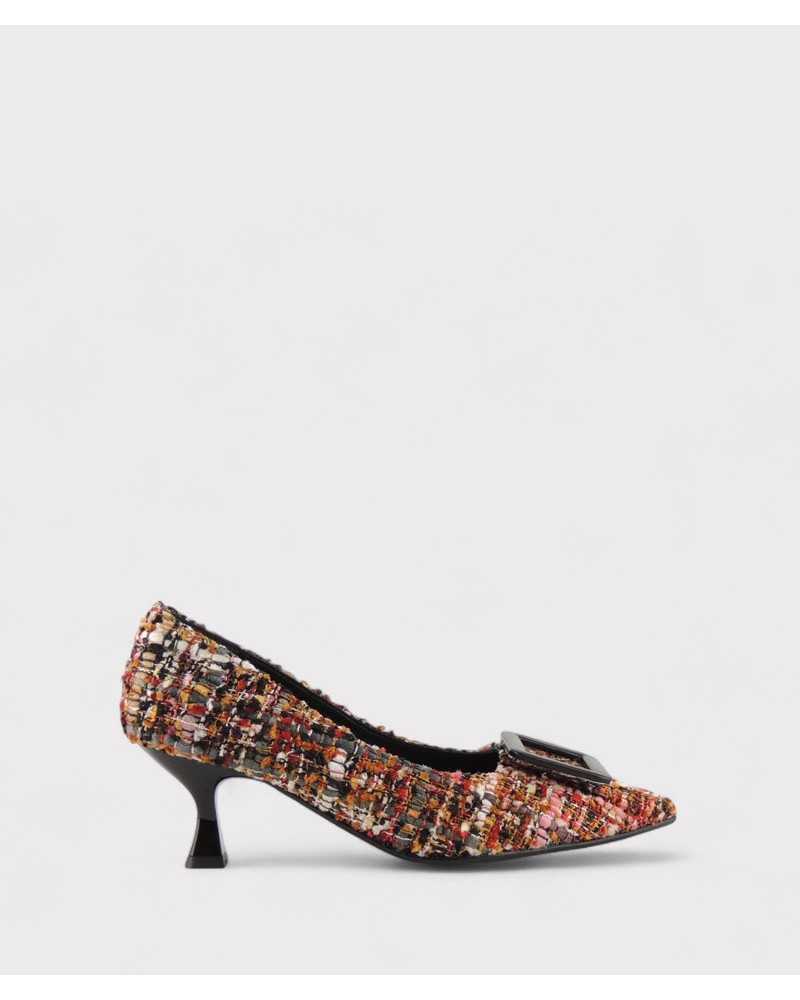 JONI salón estilo Chanel tejido multicolor tacón chupete vista lateral JONI salón estilo Chanel tejido multicolor tacón chupete vista lateral