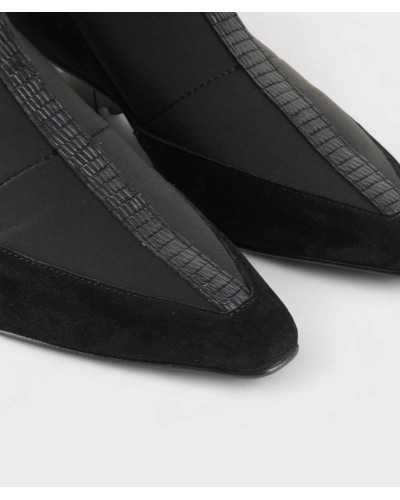 botín Dibia negro detalle superior – textura piel y tejido elástico
