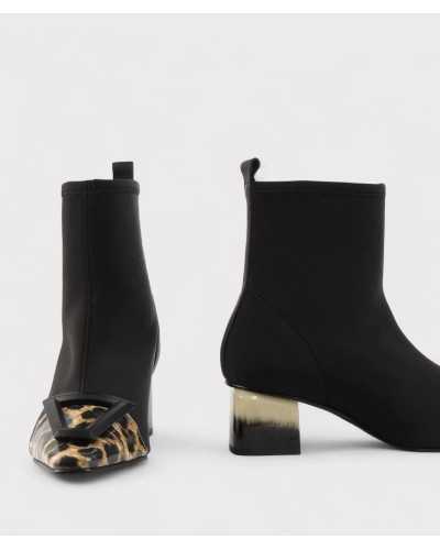 botín Dibia negro leopardo vista frontal y lateral – tejido elástico neopreno