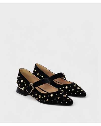 merceditas velvet black vista tres cuartos con hebilla dorada