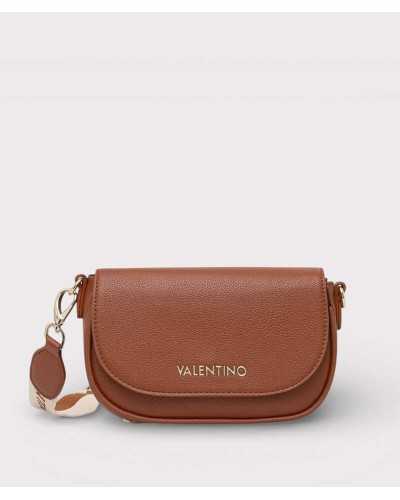 Valentino Bags bolso bandolera marrón vista frontal con logo dorado y correa jacquard