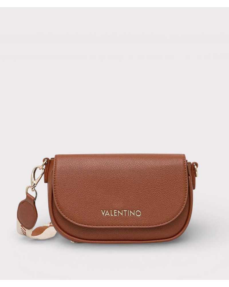 Valentino Bags bolso bandolera marrón vista frontal con logo dorado y correa jacquard