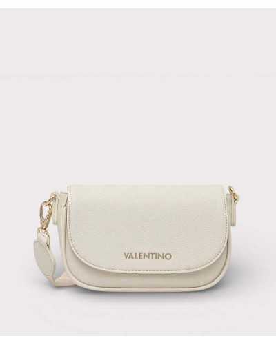 Valentino Bags bolso bandolera beige vista frontal con logo dorado y solapa redondeada