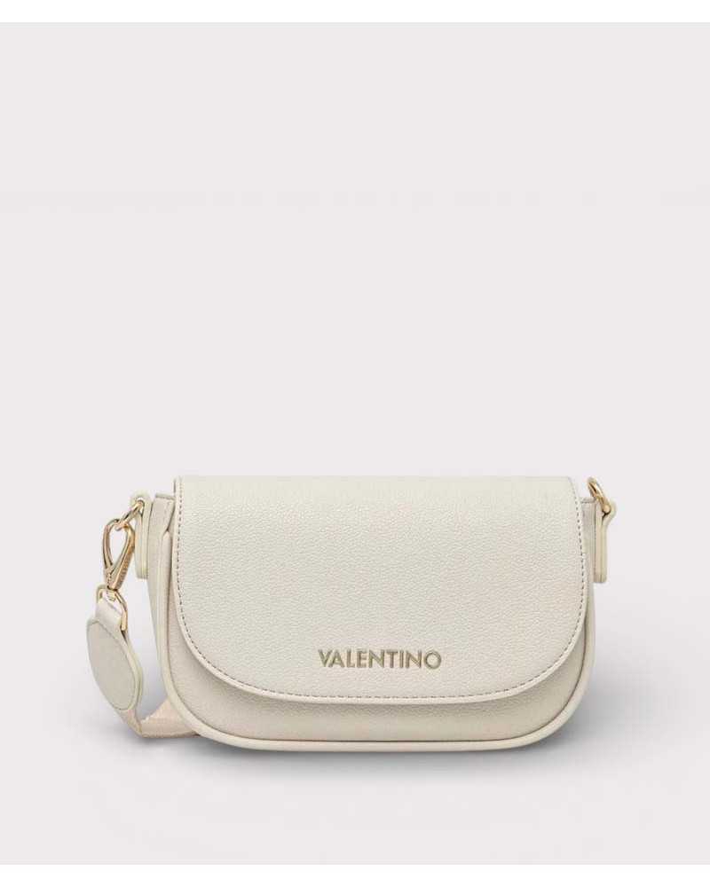 Valentino Bags bolso bandolera beige vista frontal con logo dorado y solapa redondeada