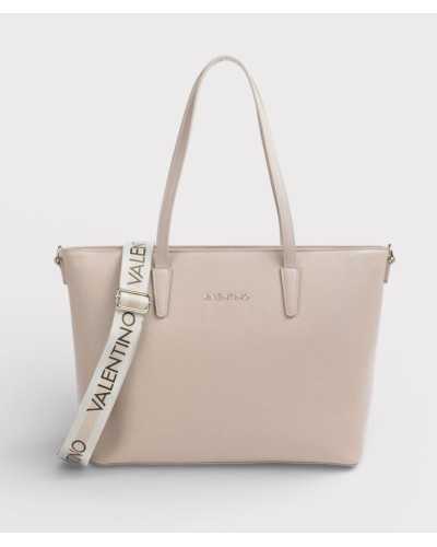 Valentino Bags shopper beige frontal con correa ancha logo blanco y negro