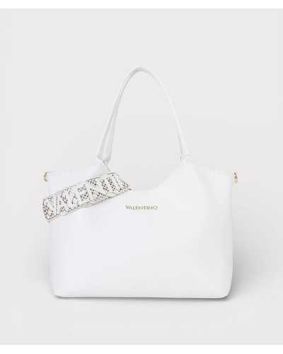 Valentino Bags bolso shopper blanco Aleksandra vista frontal con logo dorado y fascia decorativa