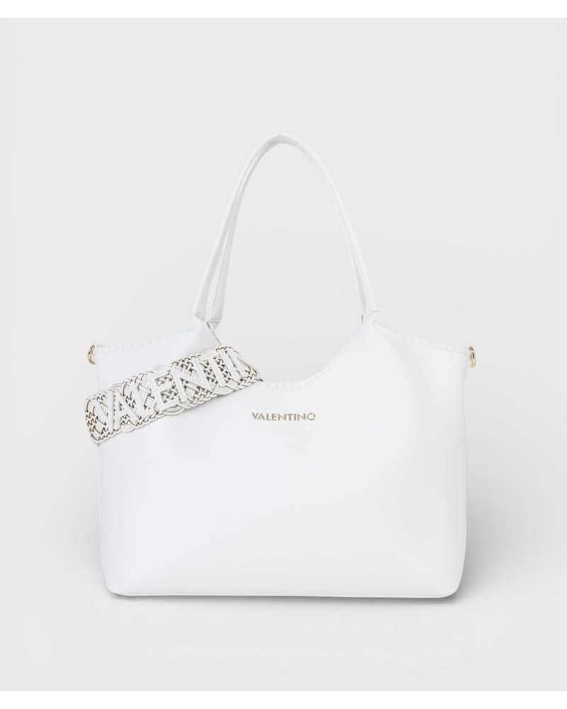Valentino Bags bolso shopper blanco Aleksandra vista frontal con logo dorado y fascia decorativa