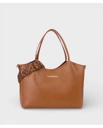 Valentino Bags bolso shopper marrón Aleksandra vista frontal con logo dorado y fascia decorativa