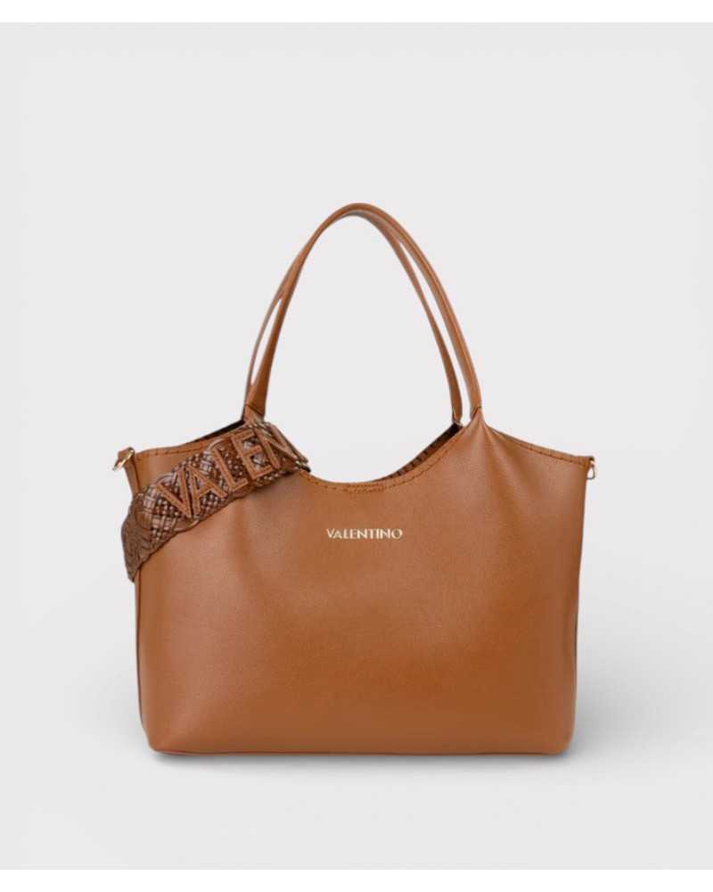 Valentino Bags bolso shopper marrón Aleksandra vista frontal con logo dorado y fascia decorativa