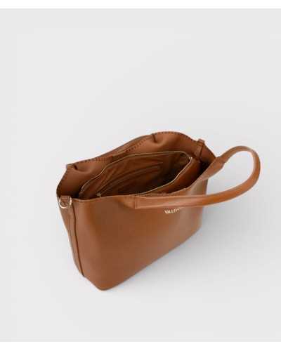 Interior bolso shopper marrón Valentino Aleksandra abierto con compartimentos y cremallera dorada