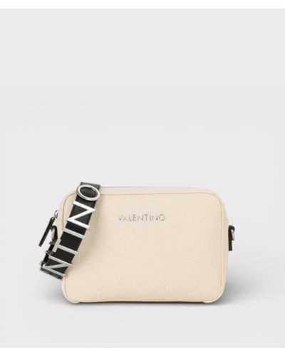 Valentino Bags bolso bandolera beige Alexia Summer frontal con correa negra y logo plata