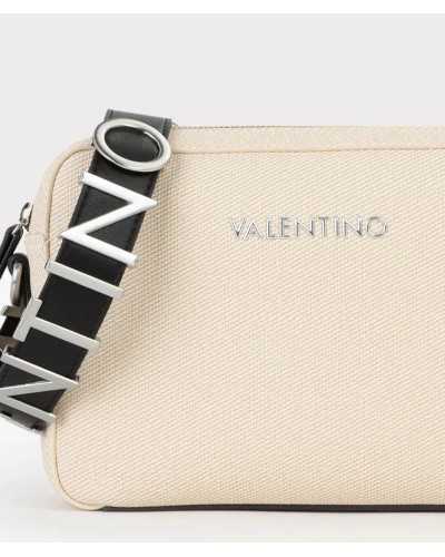 Valentino Bags bolso bandolera beige Alexia Summer frontal con detalle de correa negra y logo plata