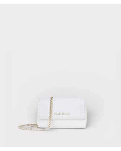 Valentino Bags cartera con cadena blanca vista frontal con logo dorado y solapa