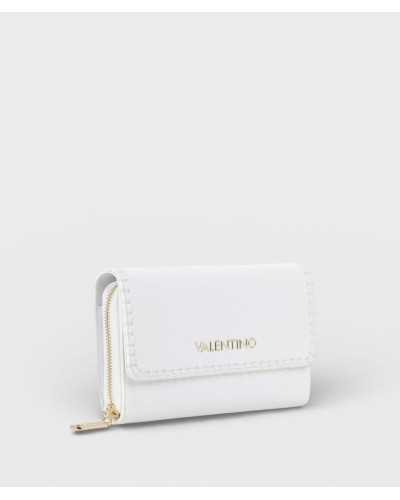 Valentino Bags cartera blanca vista lateral con cremallera dorada y detalle de grosor
