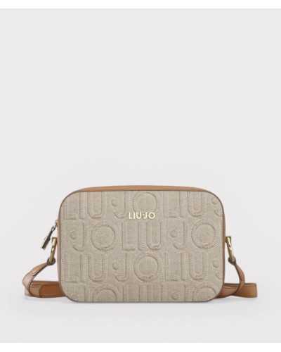 Bolso bandolera Liu Jo beige en lino con logo en relieve vista frontal