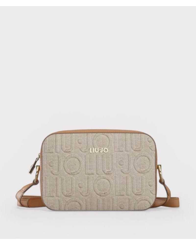 Bolso bandolera Liu Jo beige en lino con logo en relieve vista frontal