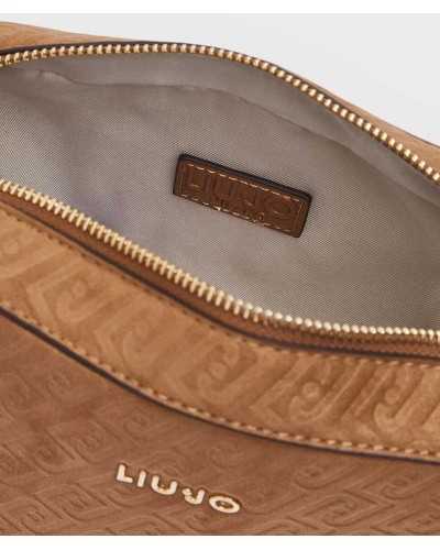 Interior bolso bandolera Liu Jo marrón antelina con compartimento y etiqueta
