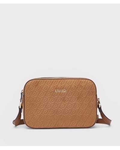 Bolso bandolera Liu Jo marrón efecto antelina con logo en relieve vista frontal