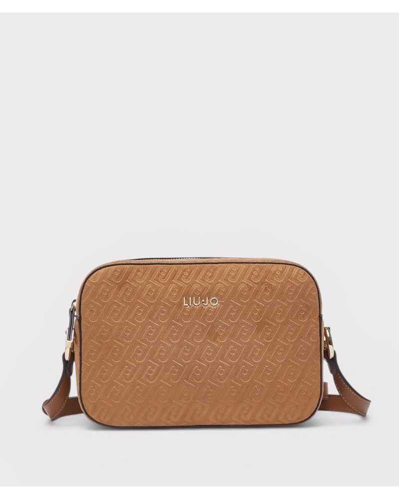 Bolso bandolera Liu Jo marrón efecto antelina con logo en relieve vista frontal