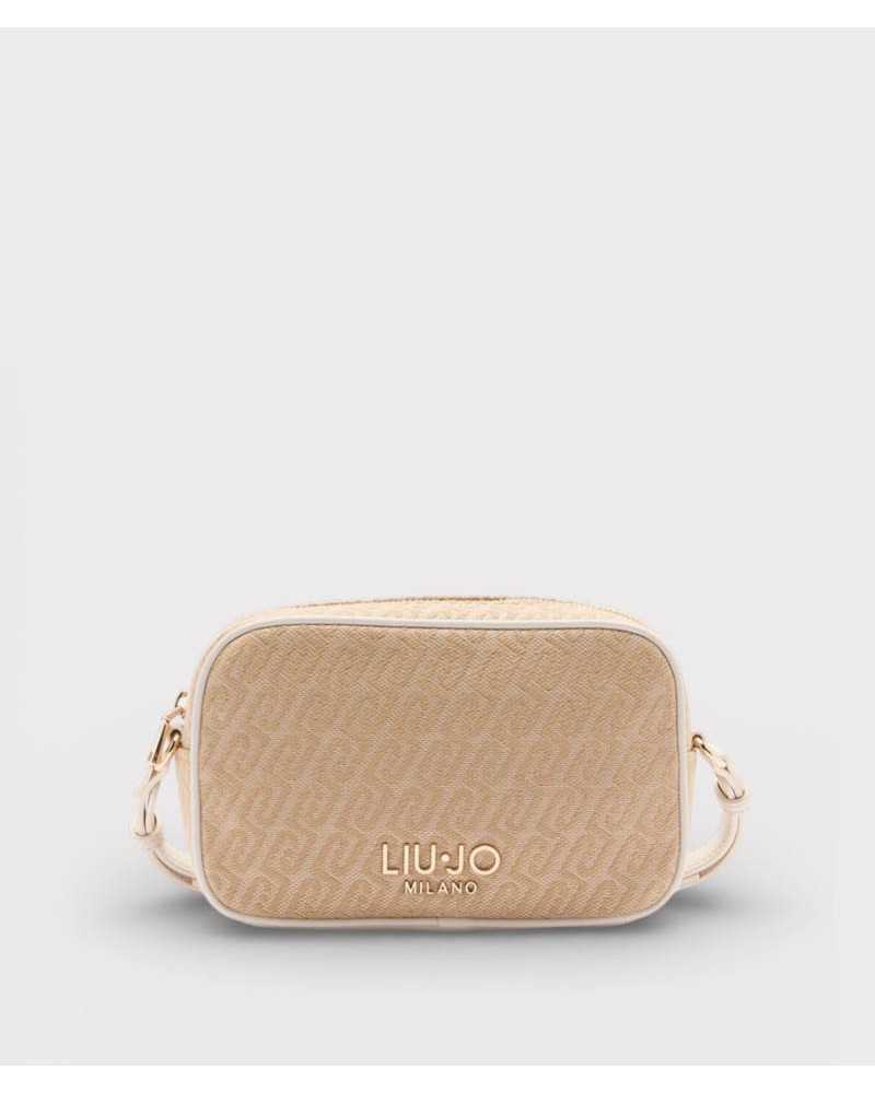Bolso bandolera Liu Jo Milano beige jacquard monograma dorado vista frontal