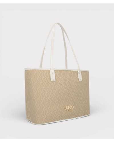 Bolso shopper Liu Jo Milano beige jacquard vista lateral con asas blancas