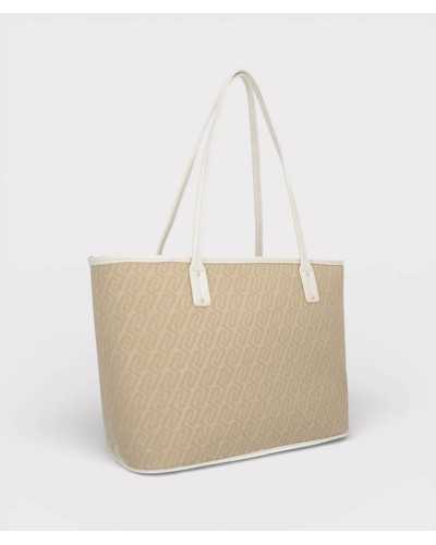 Bolso tote Liu Jo Milano beige jacquard monograma asas blancas vista trasera