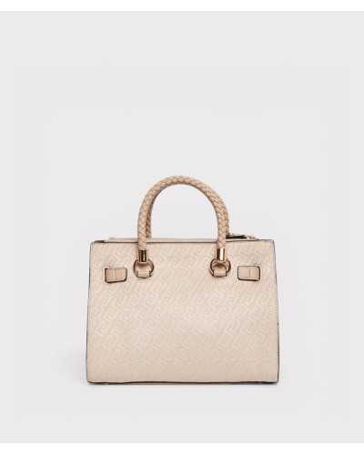 Bolso satchel Liu Jo beige monograma relieve con colgante flecos dorado frontal