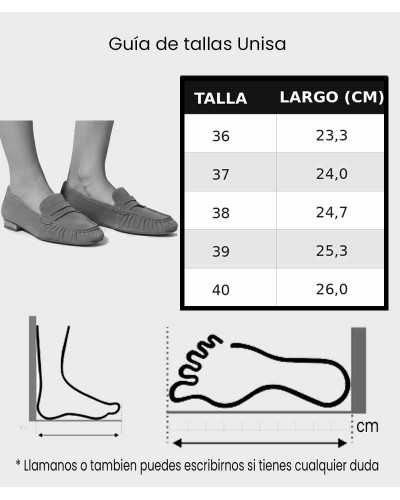 guia de tallas mocasin unisa platino lateral piel metalizada