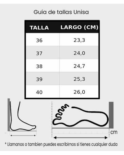 guia de tallas alpargata cuña UNISA DECIA camel lateral napa punta fina