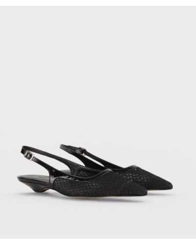 Joni slingback black leather mesh pointed toe kitten heel pair three quarter view