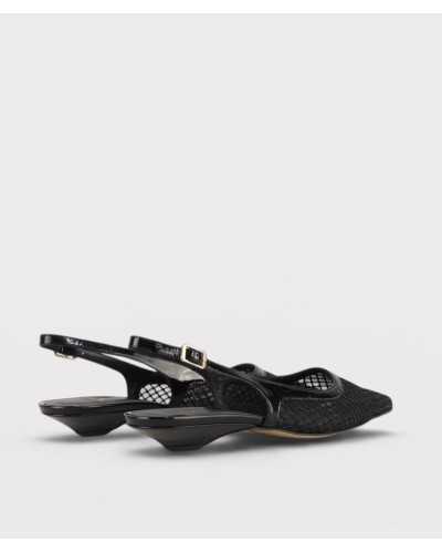 Joni 30384 black leather mesh slingback back view gold buckle kitten heel