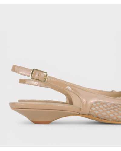 Joni slingback camel patent leather kitten heel gold buckle detail