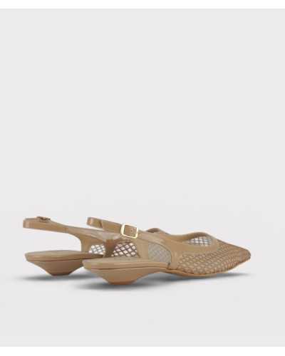 Joni slingback camel patent leather back view gold buckle kitten heel