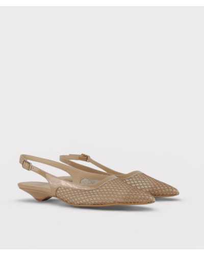 Joni slingback camel leather mesh pointed toe kitten heel pair three quarter view