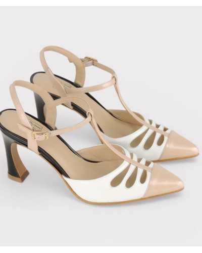 Joni white napa nude patent t-bar slingback sculptured heel pair front three quarter