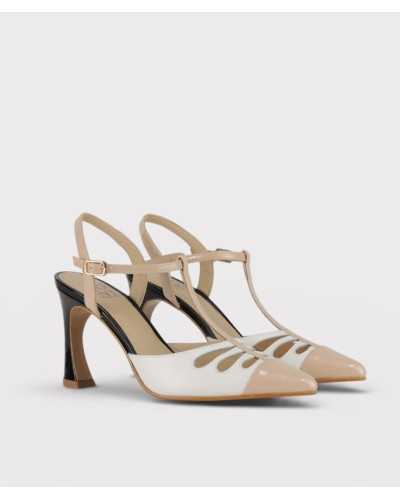 Joni white napa nude patent t-bar slingback sculptured heel pair three quarter view