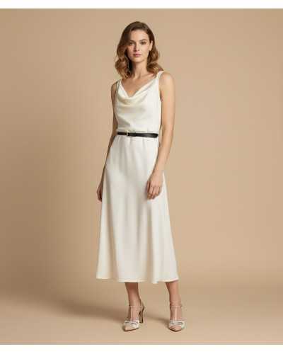 Joni white napa nude patent t-bar slingback high heel model wearing white midi dress full body