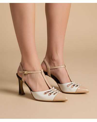 Joni white napa nude patent t-bar slingback sculptured heel worn on feet close up