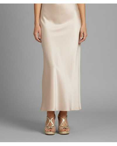 Joni gold metallic leather platform sandal block heel worn with champagne satin midi dress full body