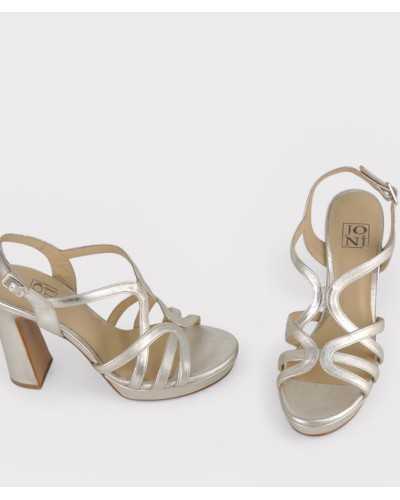 Joni silver metallic leather platform sandal block heel pair three quarter view