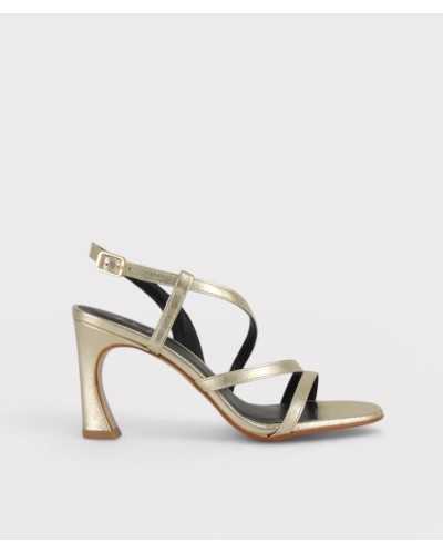 oni gold metallic leather strappy sandal wide heel square toe side view