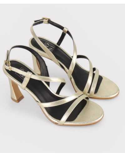 Joni gold metallic leather strappy sandal wide heel square toe pair three quarter view