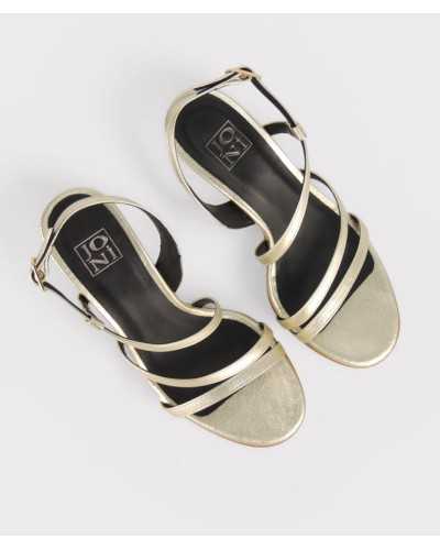 Joni gold metallic leather strappy sandal wide heel pair front view