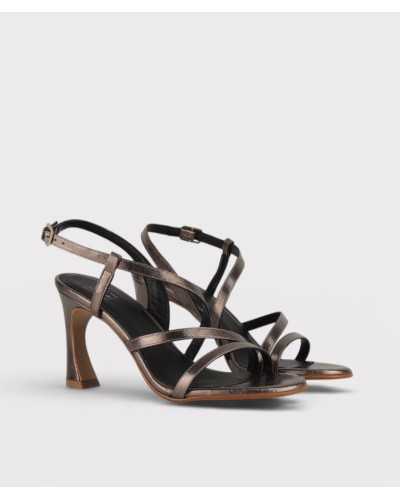 Joni bronze metallic leather strappy sandal wide heel square toe pair three quarter view
